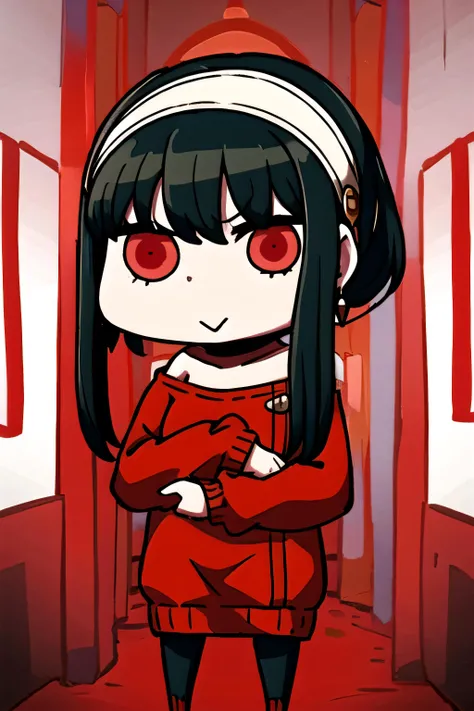 ((masterpiece, best quality)), 1girl, solo, fgoap, chibi, :>, <lora:fgoap:1>, bbyorf, short hair with long locks, white hairband, red eyes, gold earrings, large breasts, jewelry, off shoulder, red sweater, sweater dress, long sleeves, black pantyhose <lora:yor_forger_v1:0.8>, indoors