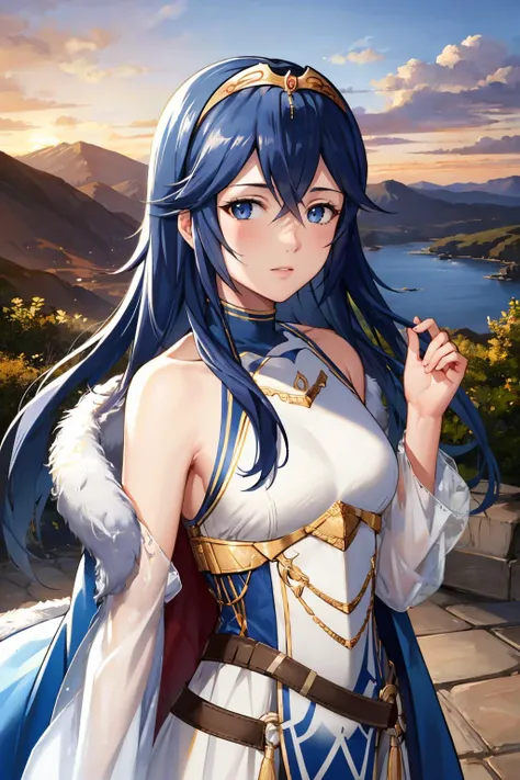 masterpiece, best quality,  <lora:lucina-nvwls-v2:1> exLucy, tiara, white dress, long dress, detached sleeves, blue cape, fur trim, looking at viewer, sunset, cliffs, mountains, standing, looking at viewer, upper body