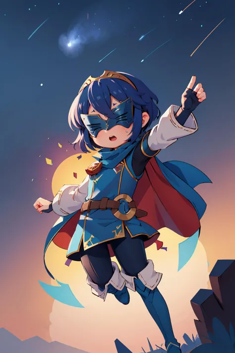 masterpiece, best quality,  <lora:lucina-nvwls-v1-000008:0.8> defLucy, tiara, cape, blue tunic, blue scarf, shoulder armor, long sleeves, cuffs, belt, fingerless gloves, black pantyhose, thigh boots, covered eyes, mask, short hair, contrapposto, chibi, from below, abstract background, night sky, stars, jumping, dynamic pose