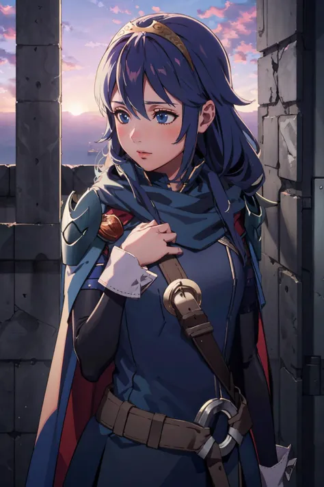 masterpiece, best quality, <lora:lucina-nvwls-v1-000008:0.8> defLucy, tiara, cape, blue tunic, blue scarf, shoulder armor, long sleeves, cuffs, belt, fingerless gloves <lora:FE3H S Rank:0.8> cloud, sky, sunset, standing, upper body, blushing, looking away, from above, hand on own chest,