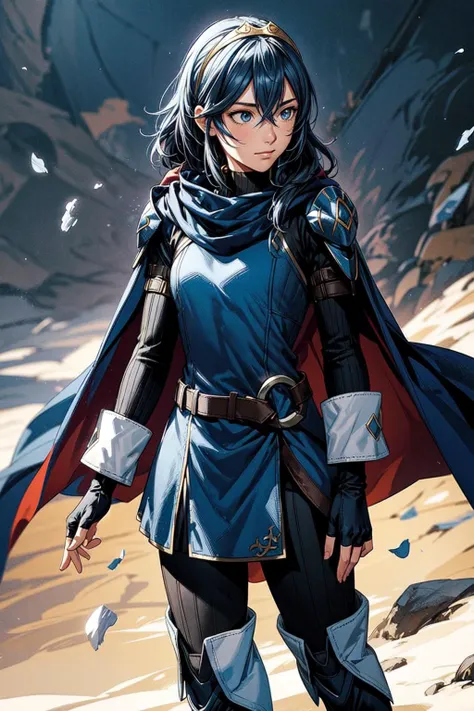 thick outlines, comics, photorealistic, 1girl, solo, thin, small breast, <lora:lucina-nvwls-v2:0.6>, defLucy, tiara, cape, blue coat, blue scarf, shoulder armor, long sleeves, cuffs, belt, fingerless gloves, black pantyhose, thigh boots, medieval, battlefield, detailed background, detailed face, detailed eyes, <lora:add_detail:0.8>