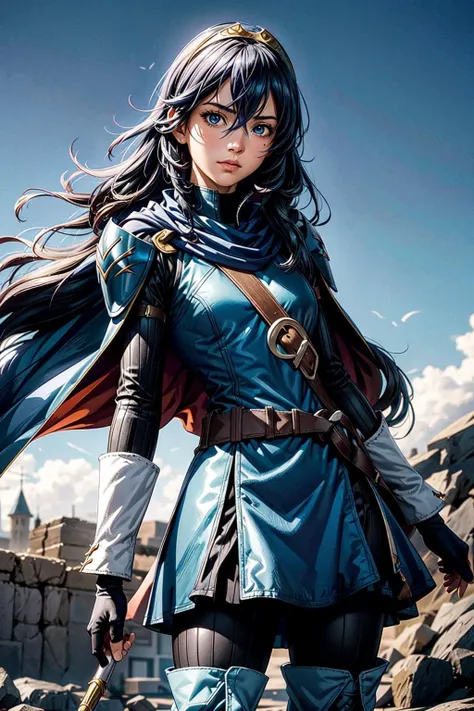 thick outlines, comics, photorealistic, 1girl, solo, thin, small breast, <lora:lucina-nvwls-v2:0.6>, defLucy, tiara, cape, blue coat, blue scarf, shoulder armor, long sleeves, cuffs, belt, fingerless gloves, black pantyhose, thigh boots, medieval, battlefield, detailed background, detailed face, detailed eyes, <lora:add_detail:0.8>