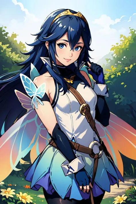 masterpiece, best quality, <lora:lucina-nvwls-v2:0.9> respLucy, tiara, sleeveless shirt, blue skirt, butterfly wings, elbow gloves, garden, looking at viewer, smile