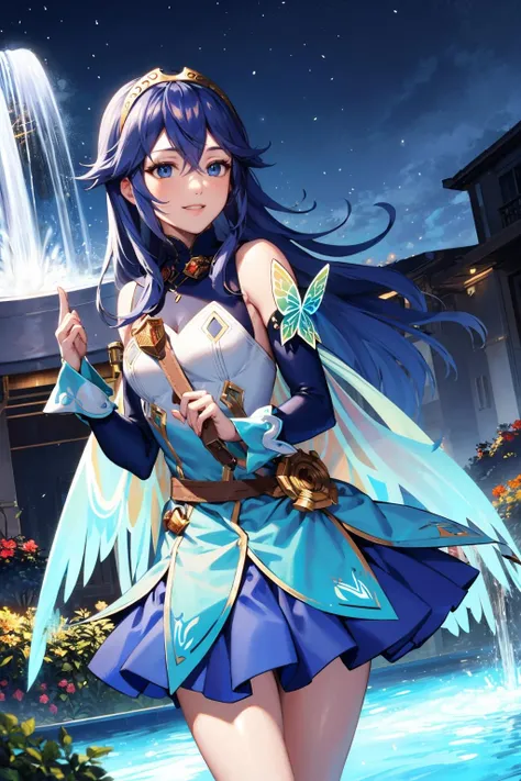 masterpiece, best quality,  <lora:lucina-nvwls-v1-000008:0.9> respLucy, tiara, sleeveless shirt, blue skirt, butterfly wings, detached sleeves, blue gloves, night, garden, fountain, glowing, blue glow, smile