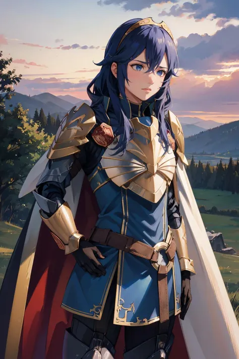 masterpiece, best quality, <lora:lucina-nvwls-v2:0.9> brvLucy, tiara, cape, full armor, breastplate, gauntlets, armored legwear, red sky, clouds, furrowed brow, hands to hips, castle, medieval architecture, outdoors