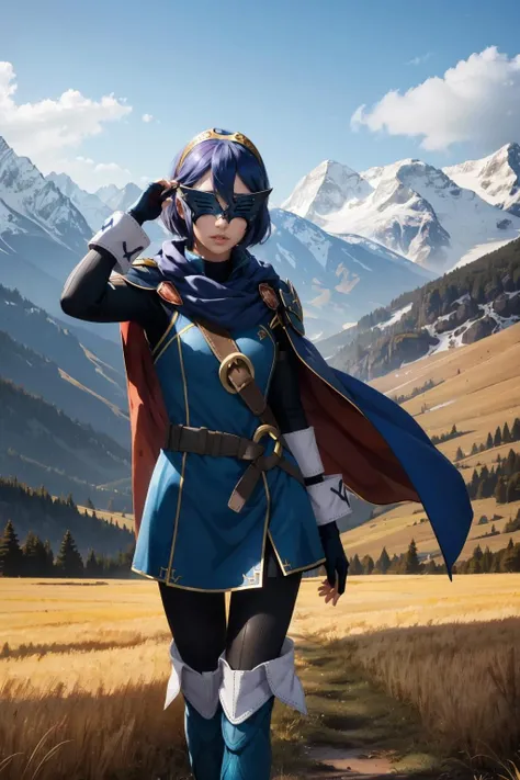 masterpiece, best quality, <lora:lucina-nvwls-v2:0.9> defLucy, tiara, cape, blue scarf, blue coat, shoulder armor, long sleeves, cuffs, belt, fingerless gloves, black pantyhose, thigh boots, covered eyes, mask, short hair, standing, field, mountains, wide shot, dynamic pose
