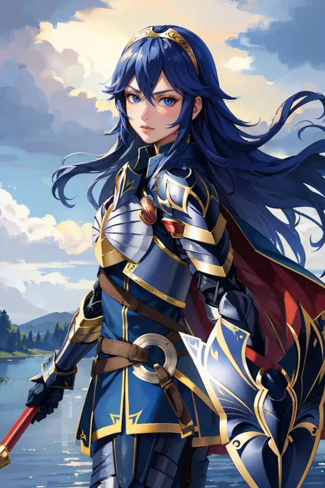 masterpiece, best quality, <lora:lucina-nvwls-v1-000008:1> brvLucy, tiara, cape, full armor, breastplate, gauntlets, armored legwear, standing, grey sky, shield, holding shield, from side, furrowed brow, looking at viewer