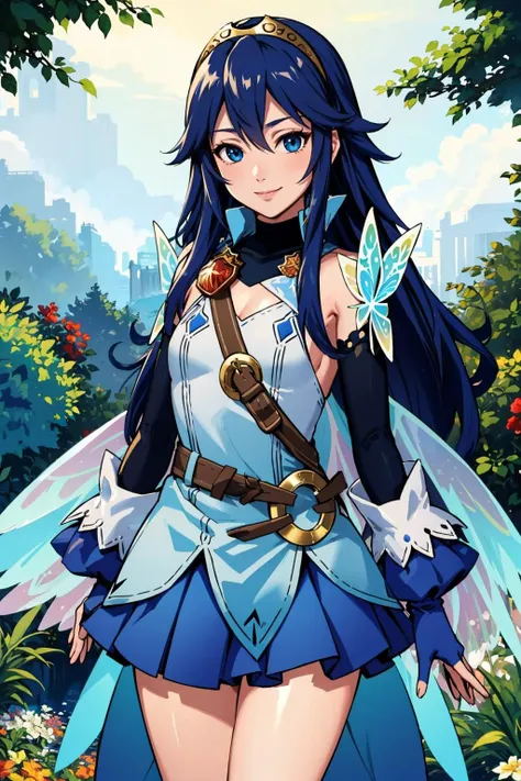 masterpiece, best quality, <lora:lucina-nvwls-v1-000008:0.9> respLucy, tiara, sleeveless shirt, blue skirt, butterfly wings, detached sleeves, blue gloves, garden, looking at viewer, smile