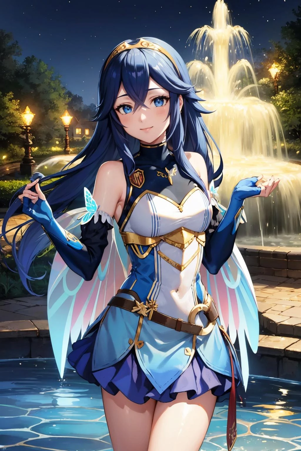 masterpiece, best quality, <lora:lucina-nvwls-v2:0.9> respLucy, tiara, sleeveless shirt, blue skirt, butterfly wings, detached sleeves, blue gloves, night, garden, fountain, glowing, blue glow, smile