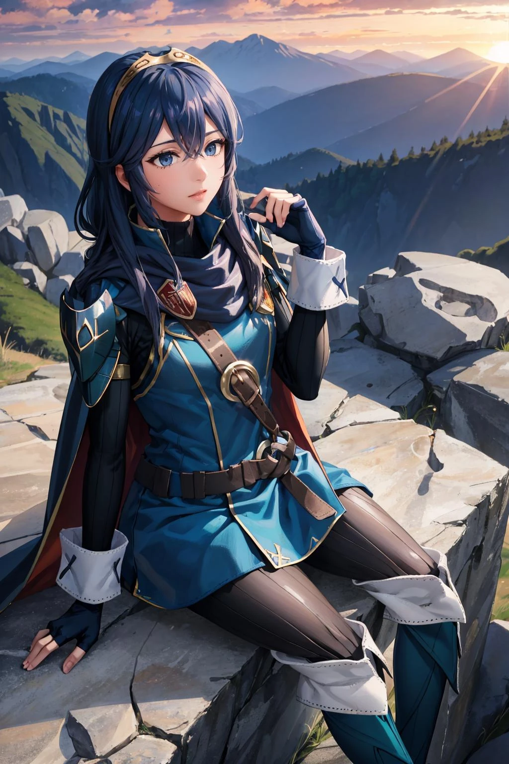 masterpiece, best quality, <lora:lucina-nvwls-v2:0.9> defLucy, tiara, cape, blue scarf, blue coat, shoulder armor, long sleeves, cuffs, belt, fingerless gloves, black pantyhose, thigh boots, sitting, cliff, looking up, sky, rocks, mountains, sunset