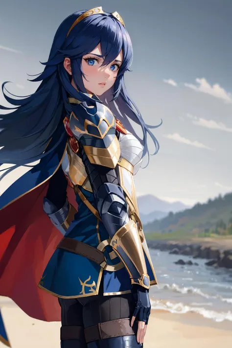 masterpiece, best quality, <lora:lucina-nvwls-v2:0.9> brvLucy, tiara, cape, full armor, breastplate, gauntlets, armored legwear, standing, grey sky, from side, furrowed brow, looking at viewer