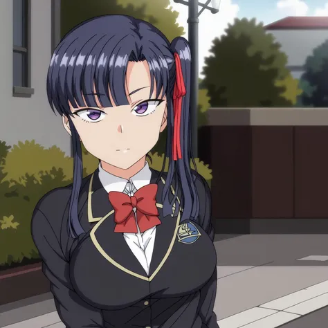 <lora:SakuraMiyajimaXLpony001>,<lora:bold-16oa:-0.5>,
solo,
SakuraMiyajima,1girl,blue hair,side ponytail,purple eyes,hair ribbon,
school_uniform,red bow tie,black blazer,long_sleeves,
outdoors,