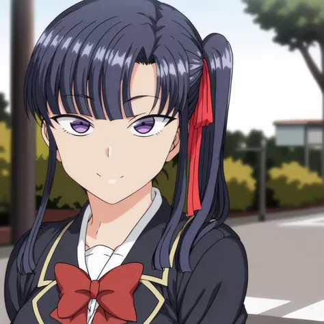 <lora:SakuraMiyajimaXLpony001>,<lora:bold-16oa:-0.5>,
smile,
solo,
SakuraMiyajima,1girl,blue hair,side ponytail,purple eyes,hair ribbon,
school_uniform,red bow tie,
outdoors,