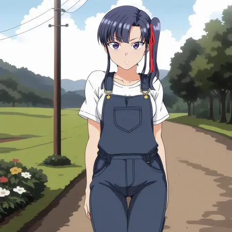 <lora:SakuraMiyajimaXLpony001>,<lora:bold-16oa:-0.5>,
solo,
SakuraMiyajima,1girl,blue hair,side ponytail,purple eyes,hair ribbon,
cowboy shot,outdoors,
overalls,