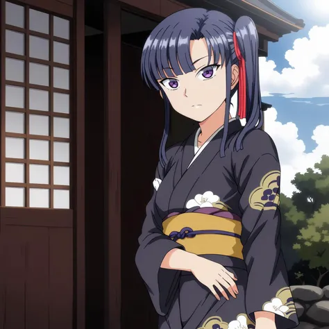 <lora:SakuraMiyajimaXLpony001>,<lora:bold-16oa:-0.5>,
solo,
SakuraMiyajima,1girl,blue hair,side ponytail,purple eyes,hair ribbon,
cowboy shot,outdoors,
print_kimono,