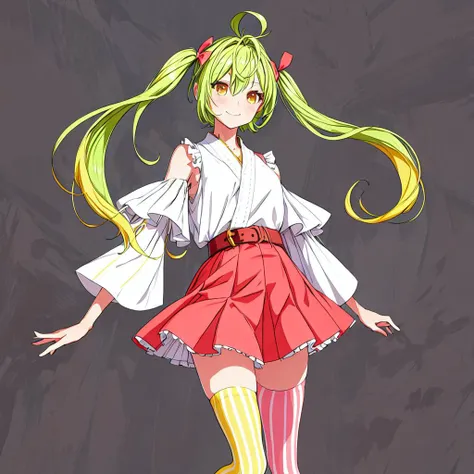 maiduru yokato,<lyco:maiduru yokato:0.8>,1girl, solo, thighhighs, green hair, skirt, ahoge, striped, arms behind back, detached sleeves, multicolored hair, striped thighhighs, yellow eyes, belt, vertical-striped thighhighs, leaning forward, white background, vertical stripes, blonde hair, hair over one eye, gradient hair, long hair, asymmetrical legwear, bare shoulders, looking at viewer, twitter username, simple background, sleeveless, eyes visible through hair, smile, closed mouth, bangs, red skirt, japanese clothes, pleated skirt, white shirt, standing, shirt, brown belt, mismatched legwear, feet out of frame, virtual youtuber, side ponytail,<lora:flat2:-1>,<lora:boldline2:-0.5>