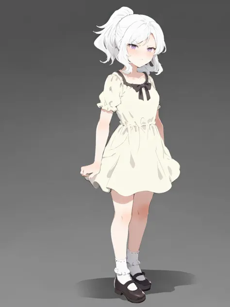 best quality, masterpiece,
tanuma40,tanumab20,
1girl, solo,
sundress,
ponytail,
white hair,
purple eyes,
standing,
bare legs,
looking at viewer,
angry,
pout,
full body,
white socks,
mary janes,
from side,
simple background,
front view,