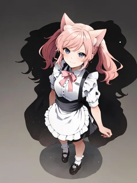best quality, masterpiece,
tanuma40,tanumab20,
1girl, solo,
maid, maid apron,
twintails,
pink hair,
blue eyes,
cat ears,
standing,
bare legs,
looking at viewer,
slightly smile,
full body,
white socks,
simple background,
from above,