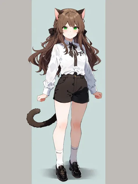 best quality, masterpiece,
tanuma40,tanumab20,
1girl, solo,
white shirt, black shorts,
long hair,
very long hair,
two side up,
brown hair, cat ears,
green eyes,
standing,
bare legs,
looking at viewer,
slightly smile,
white socks,
black footwear,
full body,
