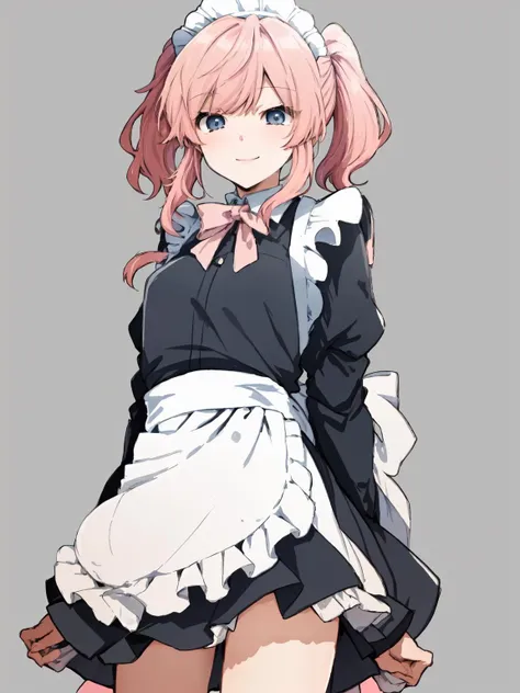 best quality, masterpiece,
tanuma40,tanumab20,
1girl, solo,
maid, maid apron,
twintails,
pink hair,
blue eyes,
standing,
bare legs,
looking at viewer,
slightly smile,
cowboy shot,
simple background,