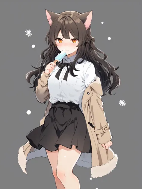 best quality, masterpiece, 
tanuma40,tanumab20,
1girl, solo, 
brown coat, 
white shirt, 
black skirt, 
long hair, 
very long hair, 
cat ears, 
black hair, 
orange eyes, 
standing, 
blush, 
bare legs, 
looking at viewer, 
tearing up, 
tears, 
full body, 
simple background, 
cowboy shot, 
upper body, 
winter,
holding popsicle,
eating hair, 
closed mouth, 
snowing, (cat tail:0.8),
