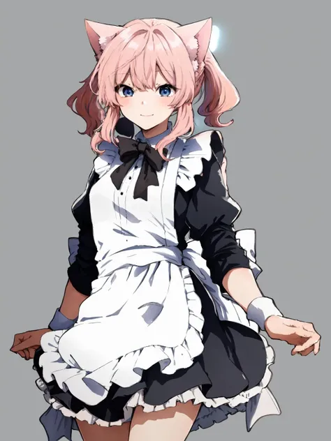 best quality, masterpiece,
tanuma40,tanumab20,
1girl, solo,
maid, maid apron,
cat ears, pink cat ears,
twintails,
pink hair,
blue eyes,
standing,
bare legs,
looking at viewer,
slightly smile,
cowboy shot,
simple background,