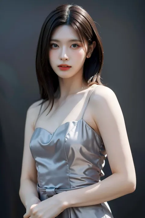 (realistic), (hyperrealism),best quality, masterpiece,ultra high res, (photorealistic:1.4),1girl, simple gray background, formal dress,
upper body,<lora:makina69_bae_v1.0:1>