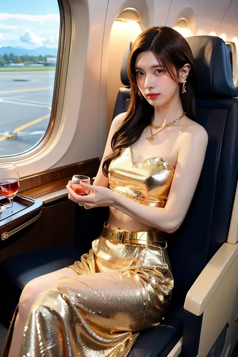 1girl,  private jet interior, wine glass, formal dress, gold watches,  sitting down on first class plane seat, belt with gold buckle , plane windows, clouds, gold necklace, gold earrings, navel,
<lora:makina69_bae_v1.0:1>