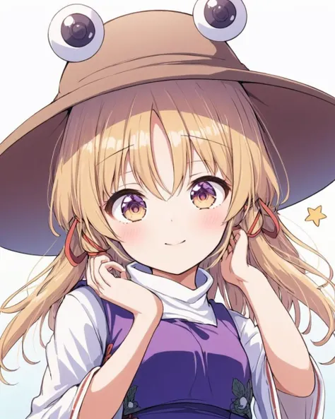 moriya suwako,1girl, solo, traditional_media, purple_vest, hat, brown_headwear, looking_at_viewer, closed_mouth, white_shirt, long_sleeves, hair_ribbon, upper_body, hand_on_headwear, red_ribbon, blush, wide_sleeves, lips, smile, white_background
<lora:moriya_suwako_image6645_2023-12-17-000007:1>,star-shaped_pupils,symbol-shaped_pupils,. gorgeous,key visual, vibrant, studio anime,award-winning, professional, highly detailed,high budget, cinemascope