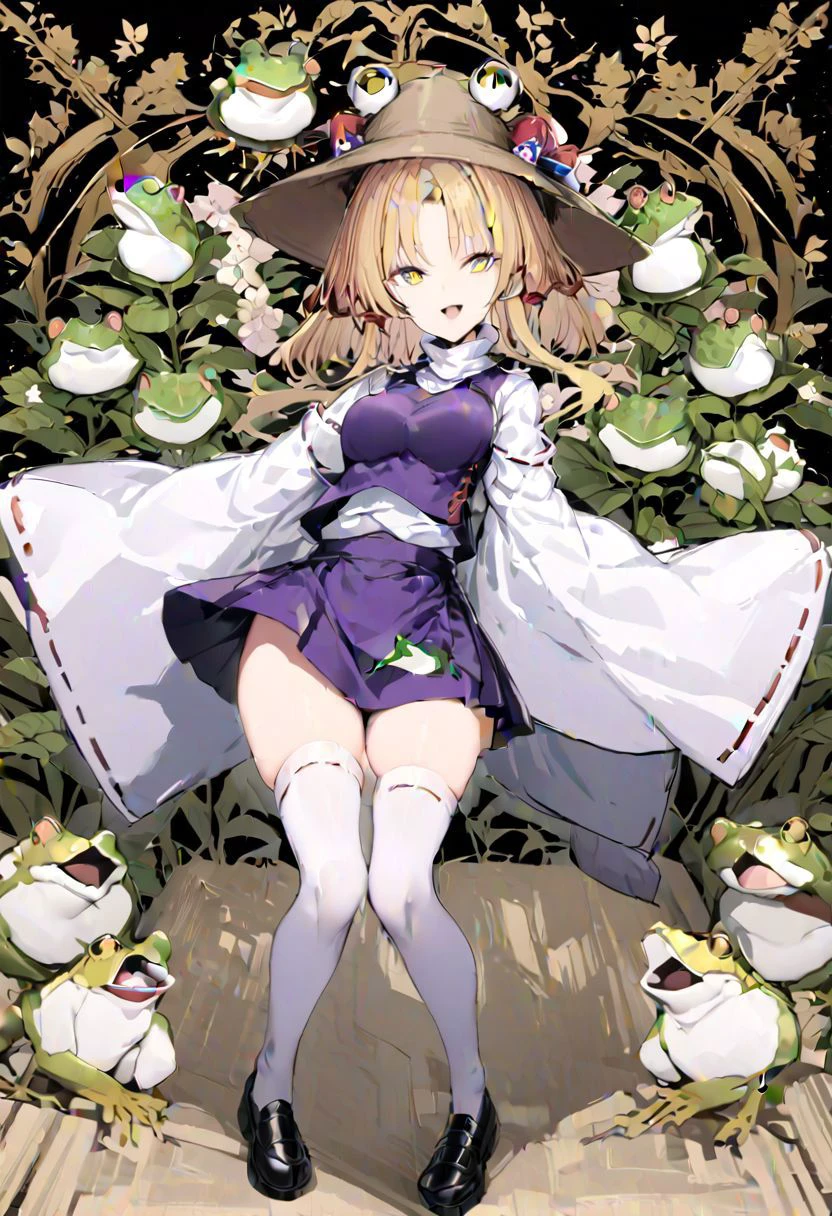 masterpiece, best quality, ultra-detailed, beautiful, nai3, 1girl, solo, full_body, tachi-e,
moriya_suwako, solo, 1girl, frog print, hat, blonde hair, white shirt, purple skirt, 1girl, blonde_hair, thighhighs, wide_sleeves, yellow_eyes, hat, skirt, white_legwear, hair_ribbon, ribbon, open_mouth, animal_print, egasumi, long_sleeves, smile, looking_at_viewer, purple_vest, vest, zettai_ryouiki, turtleneck, purple_skirt, short_hair, brown_headwear, red_ribbon, hoop, cowboy_shot, standing, skirt_set, floral_background, bangs, sidelocks, ribbon_trim, medium_hair, grey_eyes, parted_bangs, white_shirt, shoes, black_footwear, frog, blonde_hair, hat, ribbon, hair_ribbon, vest, smile, yellow_eyes, bangs, red_ribbon, brown_headwear, purple_vest, sidelocks, short_hair,