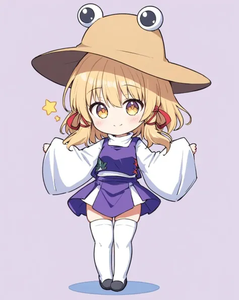 moriya suwako,1girl, solo, white_background, wide_sleeves, purple_skirt, simple_background, hat, one-hour_drawing_challenge, long_sleeves, purple_vest, smile, full_body, closed_mouth, white_shirt, sleeves_past_fingers, hoop, blush_stickers, white_thighhighs, brown_headwear, chibi, holding, turtleneck, looking_at_viewer, standing, red_ribbon
<lora:moriya_suwako_image6645_2023-12-17-000007:1>,star-shaped_pupils,symbol-shaped_pupils,. gorgeous,key visual, vibrant, studio anime,award-winning, professional, highly detailed,high budget, cinemascope