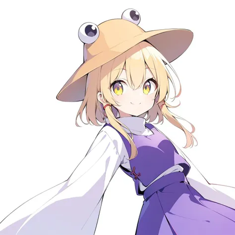 Moriya Suwako, bright, smile, orange hat, blonde hair, short hair, red sidelocks, yellow eyes, purple vest, white sleeves, (very long sleeves:1.2), wide sleeves, Purple skirt, upper body only, 1girl, simple background,