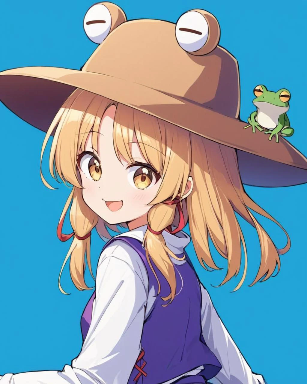moriya suwako,1girl, solo, hat, simple_background, purple_vest, looking_at_viewer, tongue_out, white_shirt, brown_headwear, upper_body, smile, frog, long_sleeves, blue_background, closed_mouth, sidelocks, looking_back, hair_ribbon, red_ribbon
<lora:moriya_suwako_image6645_2023-12-17-000007:1>,star-shaped_pupils,symbol-shaped_pupils,. gorgeous,key visual, vibrant, studio anime,award-winning, professional, highly detailed,high budget, cinemascope