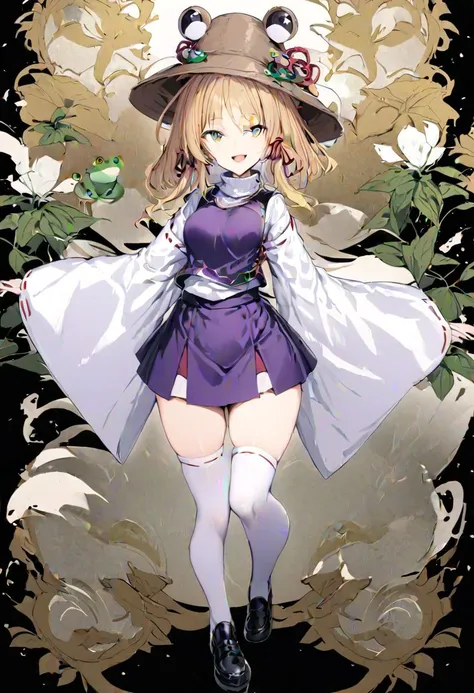 masterpiece, best quality, ultra-detailed, beautiful, nai3, 1girl, solo, full_body, tachi-e, 
moriya_suwako, solo, 1girl, frog print, hat, blonde hair, white shirt, purple skirt, 1girl, blonde_hair, thighhighs, wide_sleeves, yellow_eyes, hat, skirt, white_legwear, hair_ribbon, ribbon, open_mouth, animal_print, egasumi, long_sleeves, smile, looking_at_viewer, purple_vest, vest, zettai_ryouiki, turtleneck, purple_skirt, short_hair, brown_headwear, red_ribbon, hoop, cowboy_shot, standing, skirt_set, floral_background, bangs, sidelocks, ribbon_trim, medium_hair, grey_eyes, parted_bangs, white_shirt, shoes, black_footwear, frog, blonde_hair, hat, ribbon, hair_ribbon, vest, smile, yellow_eyes, bangs, red_ribbon, brown_headwear, purple_vest, sidelocks, short_hair,