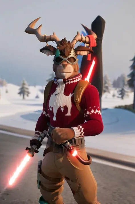<lora:Fortnite_Dolph-000090:0.7>, looking at viewer, best quality, volumetric lighting, outside, cgi, 3d, octane render, ambient occlusion, Fortnite_Dolph, posing, Novelty Glasses, Christmas Sweater, Belt, Christmas Stocking, Christmas Lights, Candycane, Pistol Holster, Christmas Ball Ornament, Khaki Pants, Shin Guards, Boots, (((smiling, lightsaber, holding weapon)))