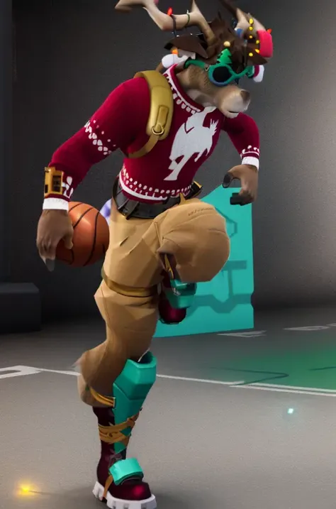 A high quality unreal engine render of a close up portrait of anthro reindeer Fortnite_Dolph, novelty glasses, Christmas Sweater, Belt, Christmas Stocking, Christmas Lights, Candycane, Pistol Holster, Christmas Ball Ornament, Khaki Pants, Shin Guards, Boots, three fingered hands, (exterior, basketball court), (jumping, shooting a basketball), (detailed fur:1.2), CG, Octane Render, 8k uhd, soft lighting, high quality, ambient occlusion, <lora:Fortnite_Dolph_v3.3:1>