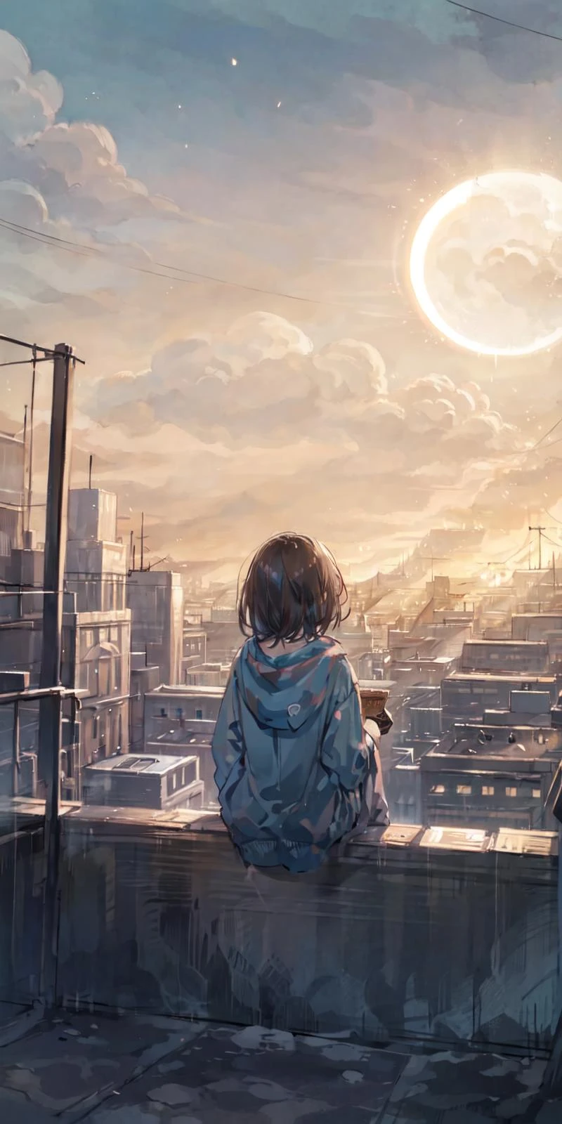 <lora:RadoJavor_style_V1.0:0.8>,
1girl, solo, outdoors, cloud, sky, sitting, scenery, hood, hoodie, rooftop, blurry foreground, blue sky, blurry, moon, depth of field, day, building, from behind, facing away, hood down, plant, black hair, wide shot, medium hair, tree, brown hair, cumulonimbus cloud, long hair, blue hoodie,