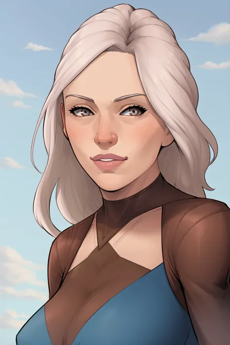 portrait of a beautiful woman, (brown_air), rogue_(x-men), multicolored_hair, white_hair, upper_body, realism, sky background <lora:lora_jsa_a3:0.6>