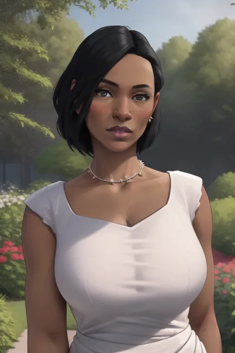 portrait of a beautiful young black woman, upper_body, princess, white dress, jewelry, looking_at_viewer, realism, garden background <lora:lora_jsa_a3:0.6>