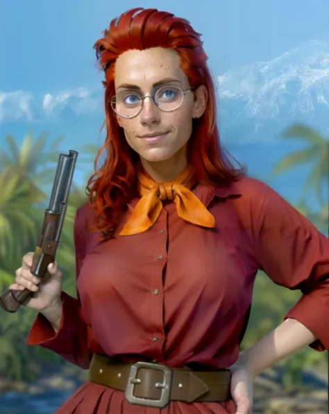 (glasses:1.1), jimhawkins, freckles, holding gun, pistol, pirate, flintlock, 1girl, oversized shirt, long red shirt, red pants, best quality, belt, (neckerchief:0.7), breasts, island
<lora:jimhawkins:0.251> ,