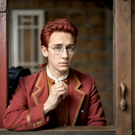 (glasses:1.1), jimhawkins, young man, solo, red hair, best quality, victorian, upper body, tavern, round eyewear, (neckerchief:0.5), red jacket, 
<lora:jimhawkins-step00017500:0.81> ,, 8k uhd, dslr, high quality, film grain, Fujifilm XT3