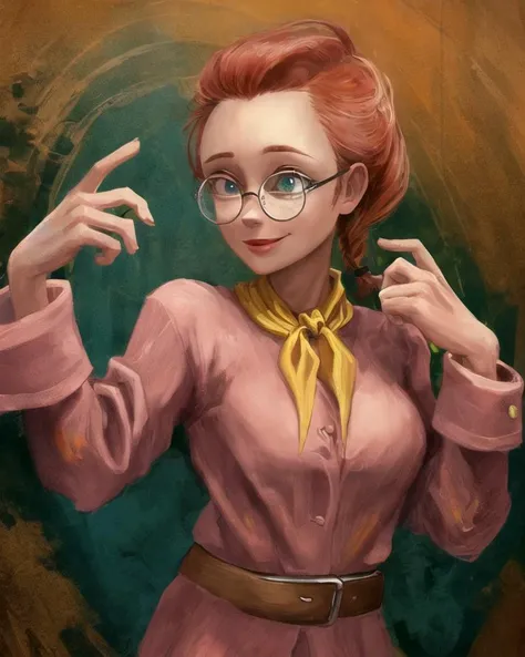 (glasses:1.1), jimhawkins, 1girl, breasts, solo, red hair, best quality, belt,  sea, detailed, yellow neckerchief, braid, smile, oil painting \(medium\), 
 <lora:jimhawkins-step00017500:0.8> ,