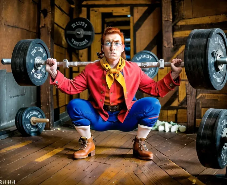 jimhawkins, medieval, victorian, braid, short hair, belt, cosplay, boots, clogs, blue pants, parody, oversized clothes, neckerchief, red jacket, best quality, squatting, barbell, weightlifting, red hair, ,
<lora:jimhawkins-step00017500:0.9> ,, 8k uhd, dslr, high quality, film grain, Fujifilm XT3