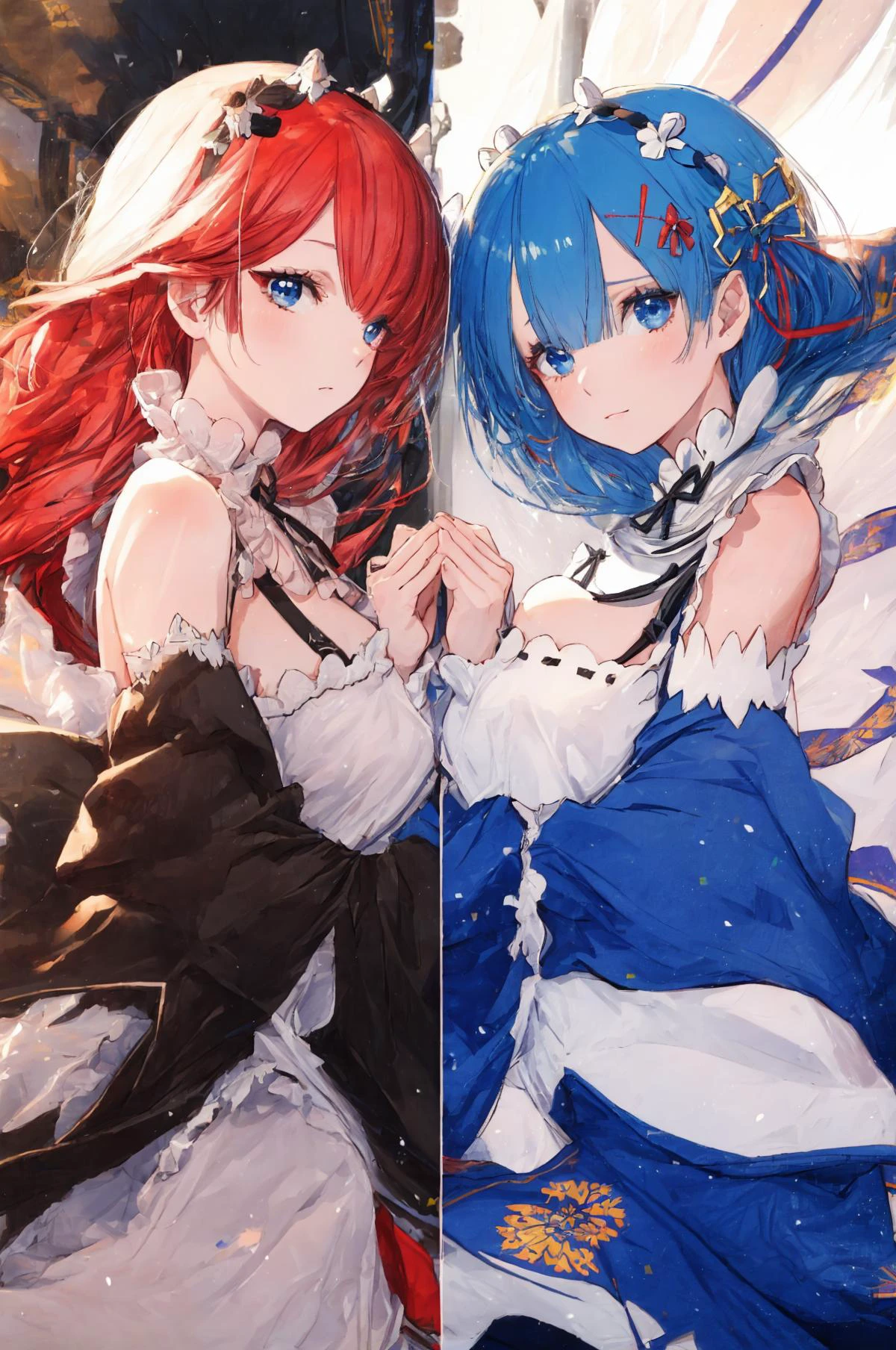 ((( masterpiece, best quality, ultra-detailed, highres, 8k, cinematic style, (hyperdetailed))), perfect lighting, (extremely detailed face),), OverallDetail
beautiful, (masterpiece), best quality, (extremely detailed face), extremely detailed eyes, perfect lighting, , detailed, deep skin,textured skin,
masterpiece, best quality, 2girls, multiple girls, side-by-side, from behind, from below,
ADDCOMM bathroom, steam ,hearts, , <lora:Detail Tweaker:0.2> , <lora:DetailMaker_v2.5:0.8>, <lora:gigadiffusion:0.2>,
BREAK <lora:rem_ram_emilia:0.8>,(rem), hair over one eye,(completely nude), ,large breasts, short hair,ahegao , excited , tongue out , tears,sweat, holding hands, (blue hair)
BREAK <lora:rem_ram_emilia:1.4>, (((ram))) , hair over one eye,(completely nude) , medium breasts, short hair,ahegao , excited , tongue out , tears,sweat, holding hands, ((red pink hair))