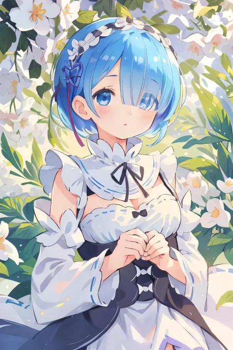 rem, hair over one eye
((best quality)),((masterpiece)),((ultra-detailed)),(illustration),(detailed light),(an extremely delicate and beautiful),,Wallpaper,1girl <lora:remramemilia:1>