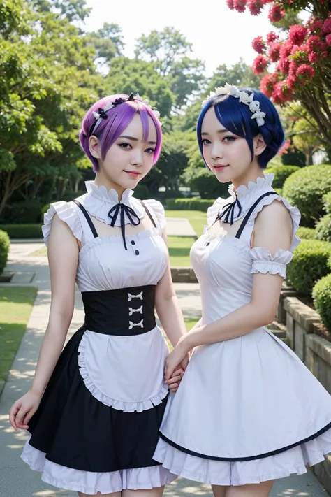 closeup photo of rem and ram holding their hands <lora:rem_ram_emilia:1.0>, Asian cosplayers, hair over one eye, short hair, maid outfit, colorful