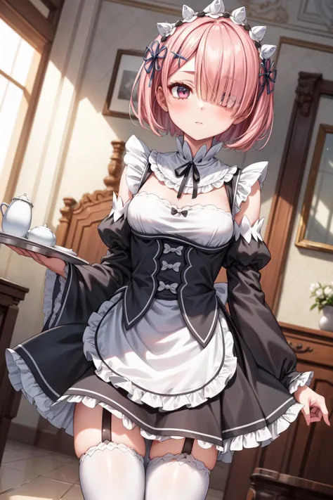 masterpiece,best quality,high resolution,highly detailed,detailed background,ultra-detailed,ray tracing,depth of field,perfect lighting,1girl,ram,hair over one eye,[eyes visible through hair],roswaal mansion maid uniform,maid headdress,white thighhighs,garter straps,expressionless,holding tray,indoors,dutch angle,<lora:remramemilia:0.9>,<lora:Concept-control tool-add_detail-CyberAIchemist:0.8>,