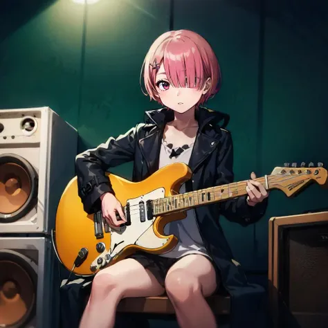 1girl, solo, ram, sitting on amplifier, playing electric guitar, trench coat, hair over one eye, eyes visible through hair<lora:rem_ram_emilia:1>