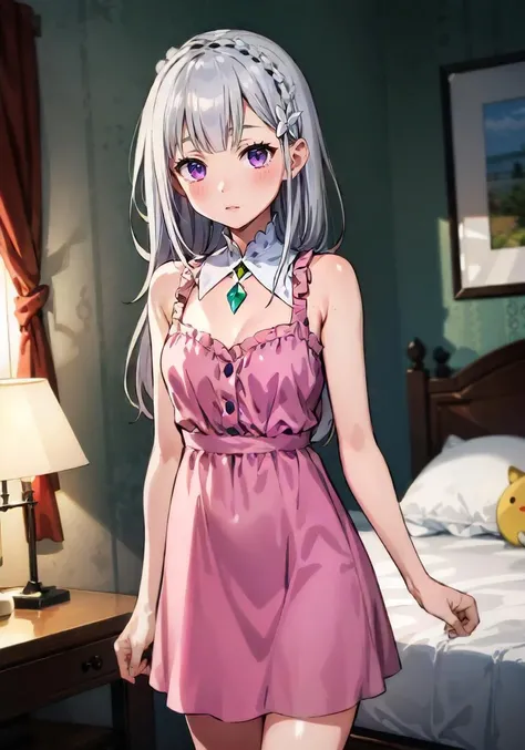 1girl, solo, cowboy shot, emilia, low-tied long hair, pink dress, gem, bedroom<lora:rem_ram_emilia:1>