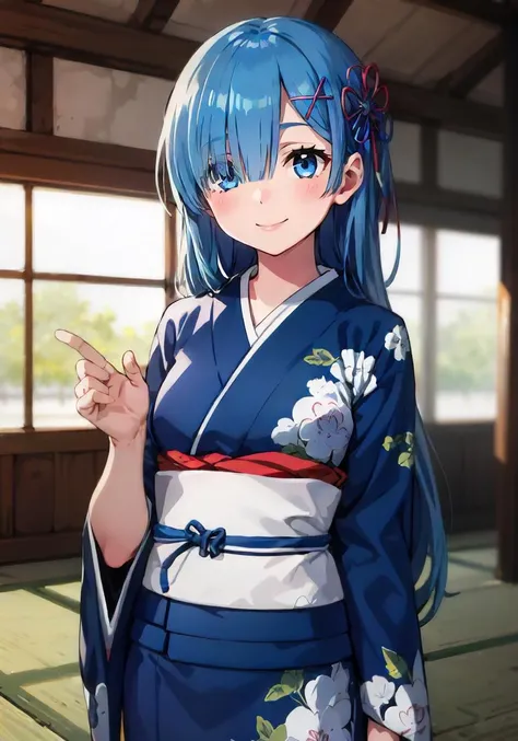 1girl, solo, rem, (long hair:1.2), cowboy shot, hair over one eye, blue kimono, white sash, print kimono, smile<lora:rem_ram_emilia:1>